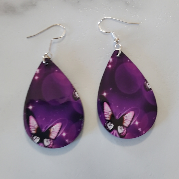 Purple Butterfly Teardrop Earrings - Picture 4 of 5